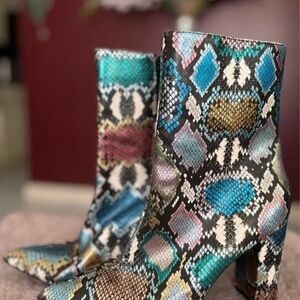 BAMBOO Multicolor Snake-Print Block Heel Ankle Boots